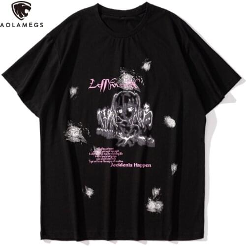 Aolamegs Japanese Anime Graffiti Letter Printed T-shirt Men Baggy O-Neck Tops Tee Summer High Street Harajuku Streetwear Couple
