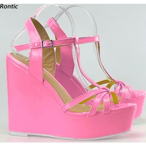 Rontic New Fashion Women Summer Platform Sandals Glossy Comfort Wedges High Heel Open Toe Fuchsia White Party Shoes US Size 5-20