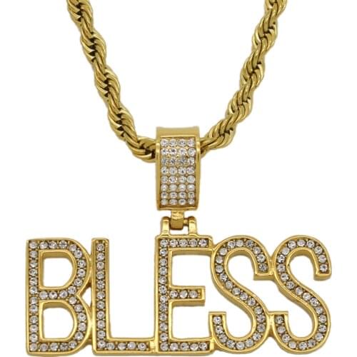 Punk Letter Bless Pendant Necklaces For Men Women Gold Color Stainless Steel Iced Out Bling Chains Mens Hip Hop Jewelry