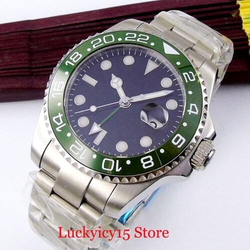 BUSINESS Nologo Dial Mens Watch Green Bezel Sapphire Glass Automatic Movement 40mm Case Mental Bracelet Green GMT Hand