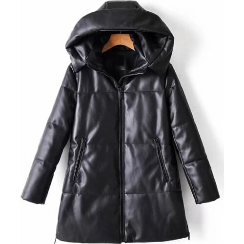 European And American Fashion New Long-Sleeved Zipper Hooded Leather Coat Women In Winter 2020