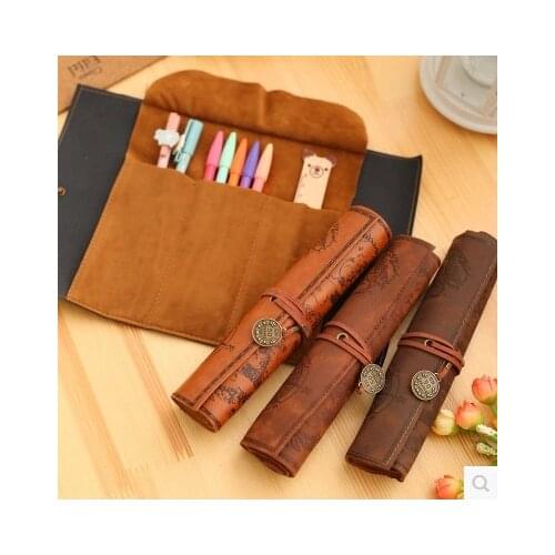 Leather Pencil Case Creative Stitching Pen Bag Storage Pouch Vintage Kawaii School Stationary Products