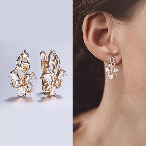Fashion Dangle Earrings for Women Girls 585 Rose Gold CZ Flower Plant Wedding Engagement Party Jewelry Gifts DGE339