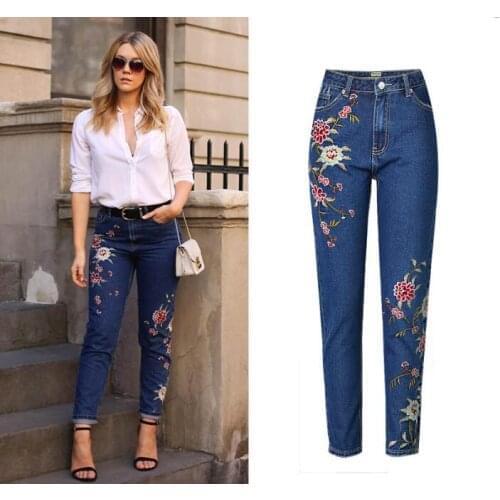 Fashion womens high-waisted flower embroidery jeans Chic Slim fit pencil European style ninth denim pants