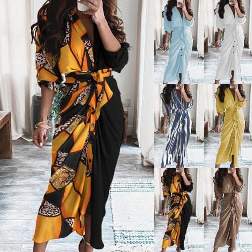 Shirt Dress Summer Dress Long Dresses Sundress Bodycon Elegant Dress Women Lapel Dress Slim Elegant Stripe Printing Shirt Dress
