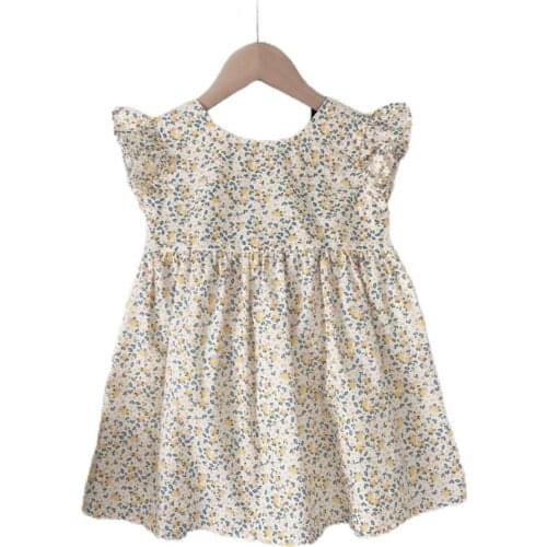 Dress Floral Print Back Elastic Waist Flying Sleeve Breathable Wide Hem Middle Length Kids Pleated Wide Hem Dress for Daily Wear