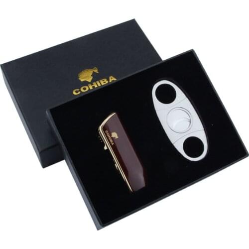 COHIBA Brown JET FLAME Cigarette Lighter and Stainless Steel Cigar Cutter Portable Cigarette Cigar Suit With a Free Gift Box