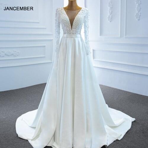 J67197 Jancember Simple White Wedding Dress 2020 A-Line Pearls Lace Up Back Deep V-Neck Pleat Long Sleeve