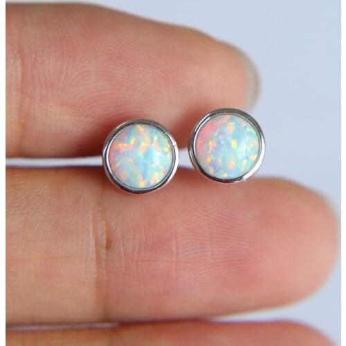 6mm round bezel white fire opal stone stud earring 100% 925 sterling silver geometric simple minimal jewelry