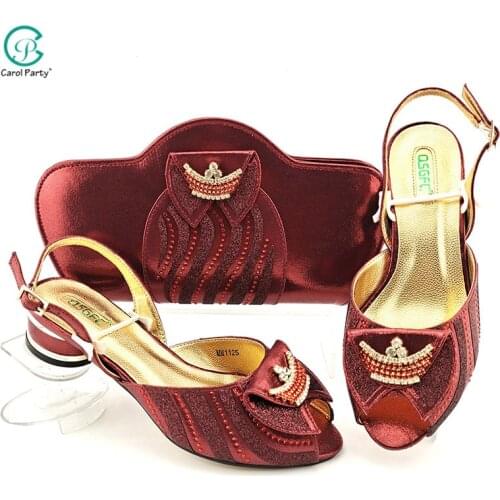 Fashion Wine Color Rhinestone and Metal Decoration Style Italian Design Newest Elegant Women Shoes and Bag Set for Party