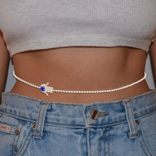 Rhinestone Blue Palm Belly Chains Tennis Waist Chain Hip Hop Body Jewelry for Women Shiny Crystal Body Chain Charm Bikini Belt