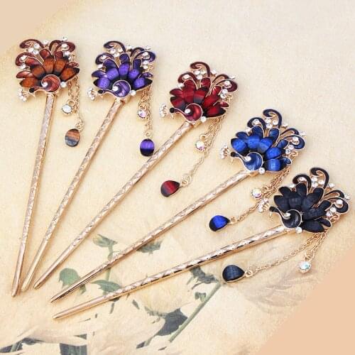 Vintage Hair Stick Pick Chinese Style Chopsticks Ethnic Hair Pin Women Hairpins Metal Rhinestone Hair Clip Jewelry Accessories