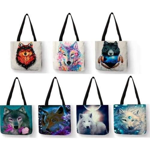 Dropship Cool Wolf Print Women Handbags Eco Reusable Shopping Bag Oil Painting Pattern Shoulder Bags for School SY0045