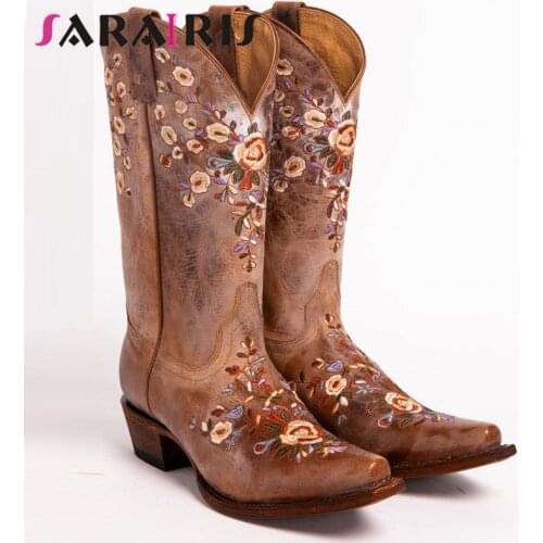 SaraIris Retro Casual Female Boots Chunky Heel Pointed Toe Slip-On Embroidery Rome New Mid-Calf Winter Comfy Women Boots