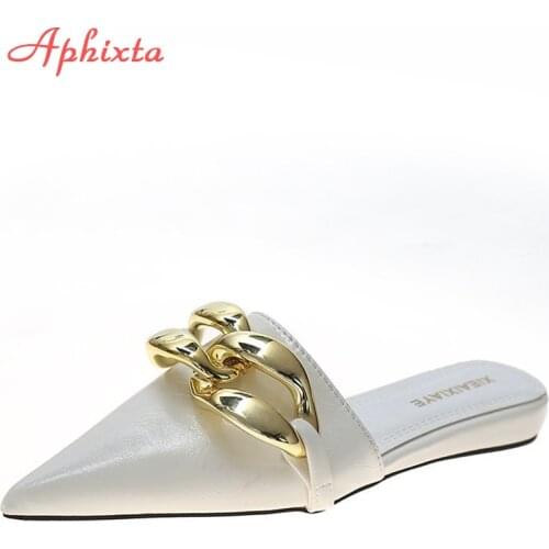 Aphixta 2021 Fashion New Big Chain Mules Women Slides Pointed Toe Ladies Shoes Summer Footwear Slippers