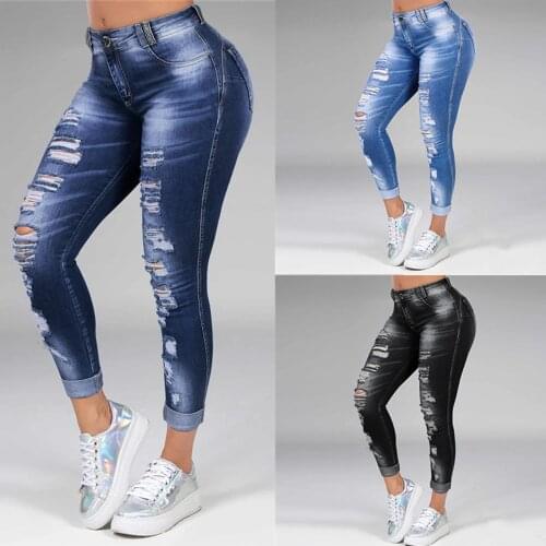 Women Ripped High Waist Trousers Skinny Denim Jeans Hollow Bleached Long Pants