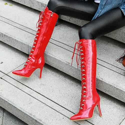 Autumn Winter Fashion Women Knee High Boots Pointed Toe Thin Bottom 10CM Thin Heel Sexy Long Boots with Metal Buckle Knight Boot