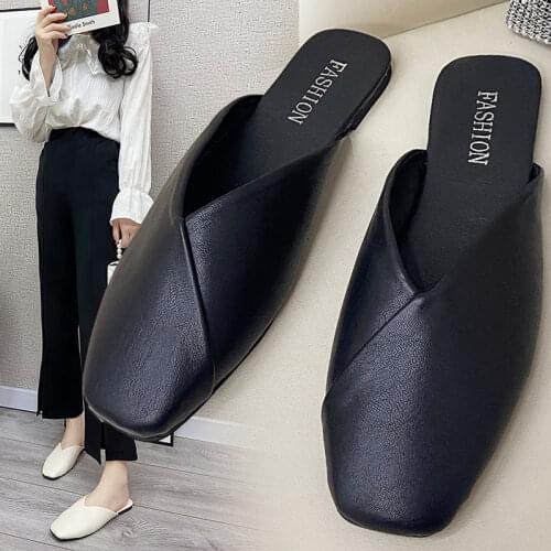 Women Mules 2021 Summer Elegant Square Closed Toe Flat Slippers Female Shoes Casual Leather Black White Slides Plus Size 35-43