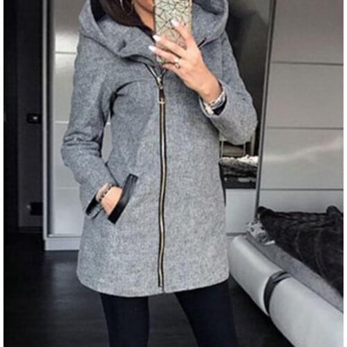 Autumn Winter Plus Size Fashion Women Coat Solid Color Zip up Long Sleeve Hooded Jacket Coat Outerwear Long Section Womens Coat