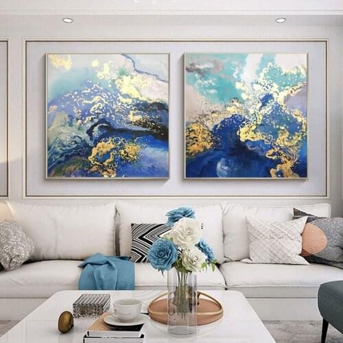2 Pieces Handmade Gold Abstract Canvas Painting Blue Wall Art Pictures For Living Room Home Original Texture Decoration Salon