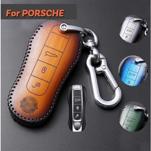 1Pcs New Genuine Leather Car Remote Key Fob Holder Cover Case With Metal Keychain For Porsche Cayenne Panamera 971