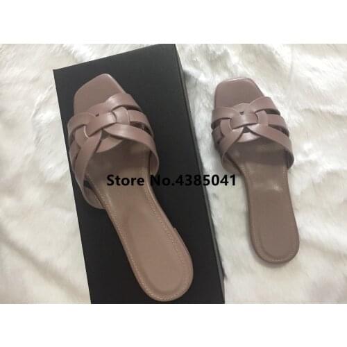 100% Real photos Tribute Patent Leather Black Pink Lady Sandals Shoes Woman Cozy Slides Open Toe Flats Mujer Slippers Tide Shoes