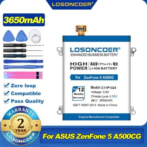 100% Original LOSONCOER 3650mAh C11P1324 Battery For ASUS ZenFone 5 A500CG Battery A501CG A500KL A500 Battery