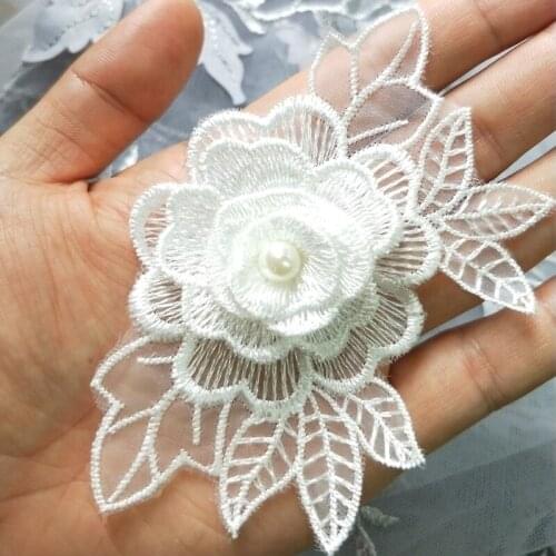 10x White Pearl Beaded 3D Flowers Lace Trim Handmade Embroidered Applique Ribbon Fabric Sewing For Costume Dress Decoration