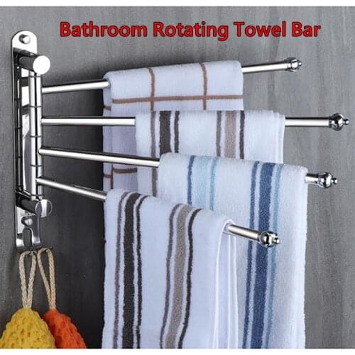 2/3/4/5 Bars Stainless Steel Rotating Towel Rack Bars Punch-Free Toilet Bathroom Balcony Towel Holder Storage Shelf with Hook