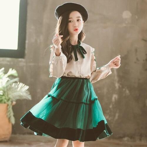 Girls Clothes Spring Autumn Teen Kids Girls Clothing Set Outfits Fashion Ruffle Long Sleeve Bow Blouse +Tutu Skirts 2Pcs Suits