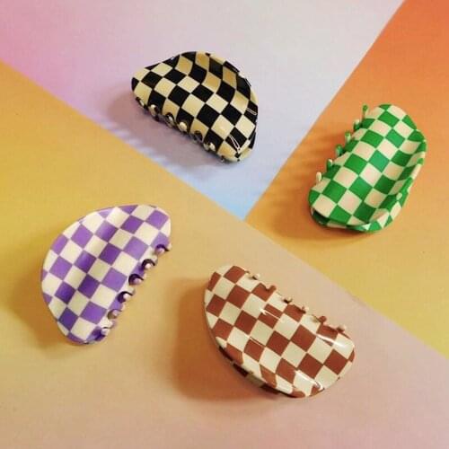 2021 New Ins Large Multicolor Checkerboard Claw Geometric Semicircle Grid Acrylic Hair Clip Hairpins Women Hair Accessories