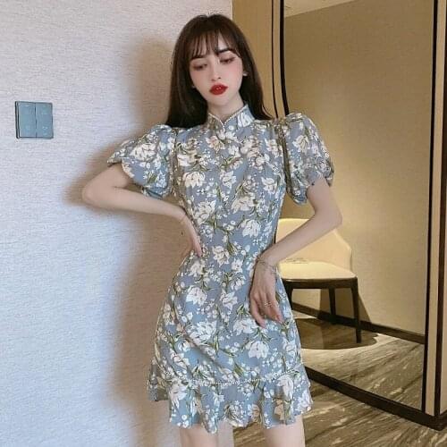 2021 oriental style improved oriental qipao retro lantern sleeve fishtail design floral printing dress nightclub party dress