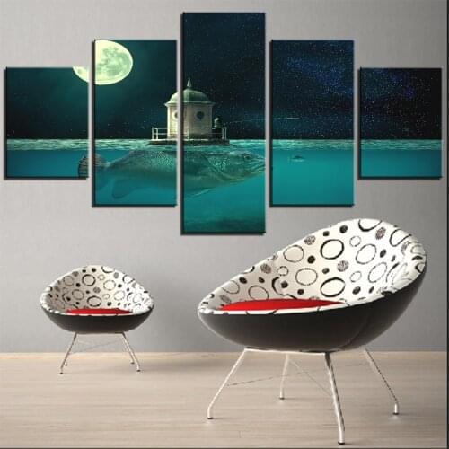 5 Pieces Big Fish Canvas Poster Tower And Man Fishing Wallpaper Moon Night Picture Painting Seascape Land For Home Room Decor
