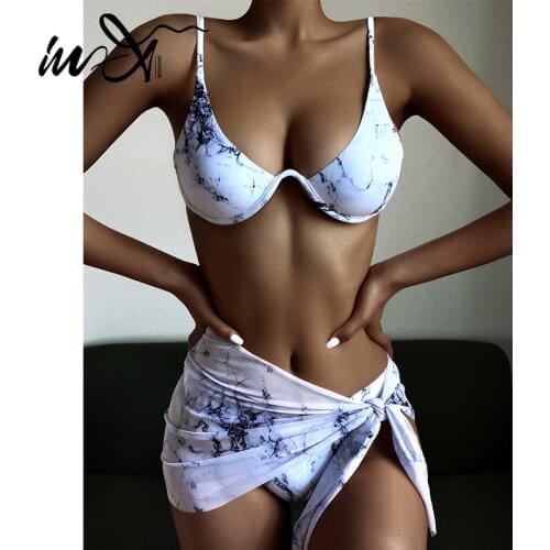 In-X Marble print bikini 2021 Push up 3 pieces set Skirt swimsuit women Underwired swimwear female Sexy bathing suit swimming