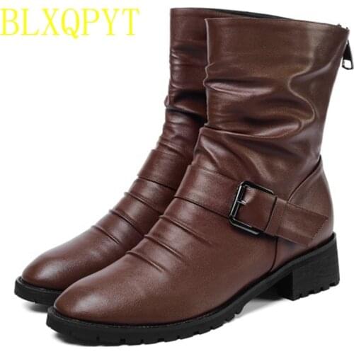 BLXQPYT Women Winter SUPER BIG Size 30-52 New Round Toe Buckle Boots Sexy Ankle Heels 4.5cm Fashion Shoes Casual Zip Snow HQ3028