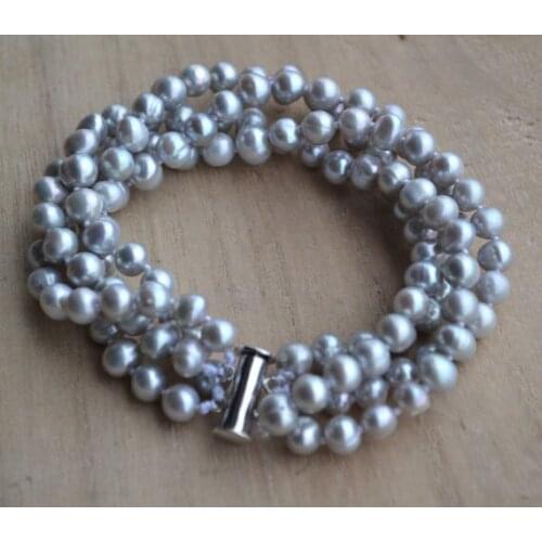 New Gray Pearl Bracelet 4 Rows 5-6mm Round Real Freshwater Pearl Jewelry Magnet Clasp Handmade Charming Women Girl Gift