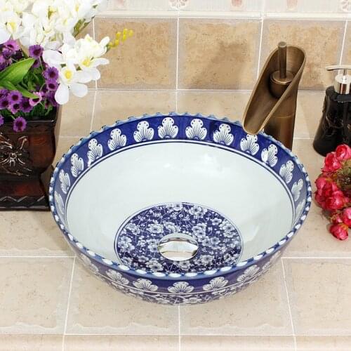 Europe Vintage Style Art Porcelain Handmade Ceramic wash basin Bathroom Sinks Counter top printed art basin blue and white