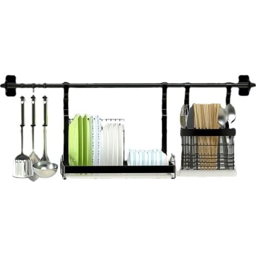 Kitchen rack, wall mounted, black stainless steel multi-functional household rack, non perforated storage rack