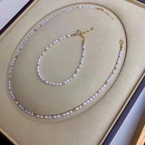 Hot sell 2020 classic jewelry set seed shape small natural white genuine pearl high luster women necklace and bracelet wedding