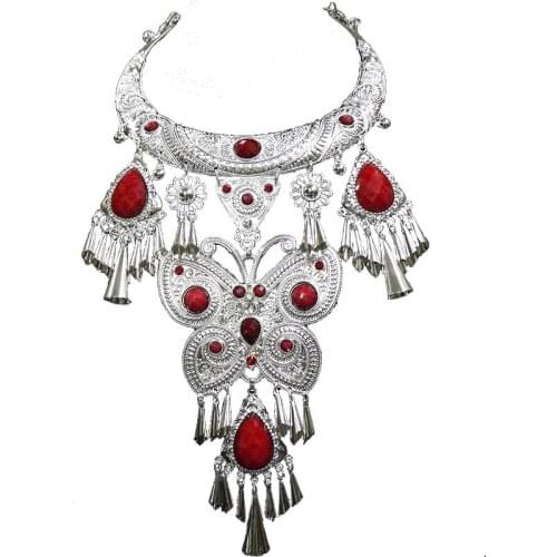 LosoDo new style Bohemia retro Ethnic style butterfly Miao silver collars tassel exaggeration collars pendant fashion jewelry