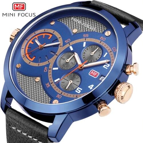 MINI FOCUS Chic Sports Quartz Watch Men Double Time Zone 3 Sub-dial Choronograph Fashion Oversize Mens Watches Top Brand Luxury