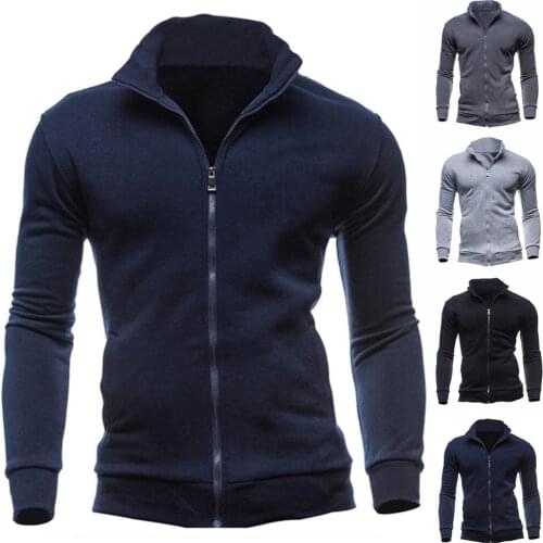 Chic Men Solid Color Stand Collar Long Sleeve Zip Up Casual Coat Jacket Outwear Men Baseball Jacket Men Stand Collar Coat Jacket