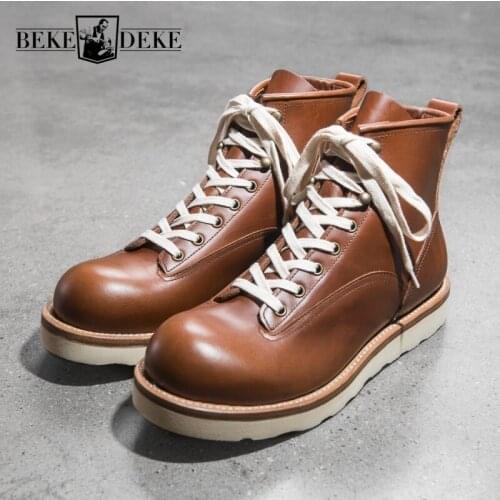 Fashion Men New Genuine Leather Moto Biker Boots High Quality Lace Up Round Toe High-Top Thick Bottom Cowhide Vintage Ankle Boot