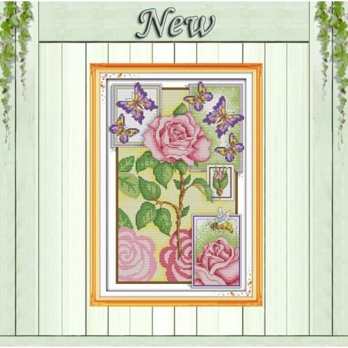 Butterflies over flowers rose painting counted print on canvas DMC 14CT 11CT chinese Cross Stitch Needlework Set Embroidery kits