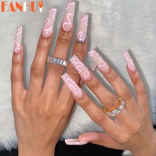 24pcs/Box Long Coffin Fake Nails Simple Nude Pink Wave Pattern Fingernail Makeup Full Acrylic Ballerina Nail Art Tips