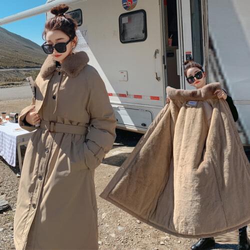 2021 winter new cotton clothes womens middle and long knee over Korean loose cotton jacket tooling Plush windbreaker