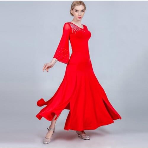 Red Ballroom Dance Dress Adult Waltz Tango Competition Dancing Dress Sexy Long Sleeves Tops Big Swing Skirt Stage Wear DL3877