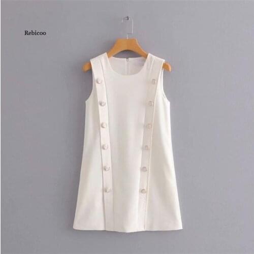 Work Style Ol Elegant O-neck Sleeveless Mini Dresses Pearl Button Decoration Solid Vestidos New Chic Simple Summer Dress