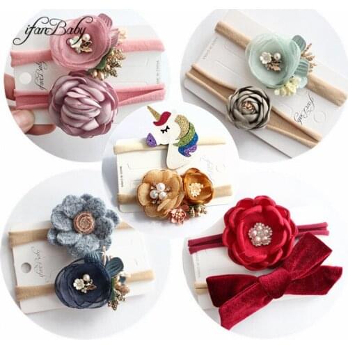 2pcs/set Sweet Unicorn bow with rhinestone on elastic headband Kids girl soft Flower Nylon headbands floral headband