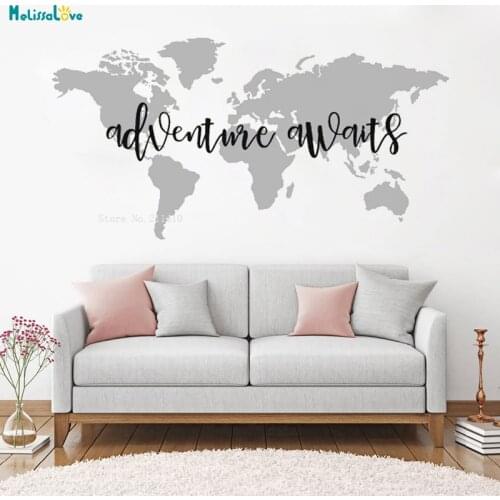 Adventure Awaits World Map Quote Vinyl Wall Decal Home Deocr Living Room Office Removable Art Vinyl Sticker Murals YT1102